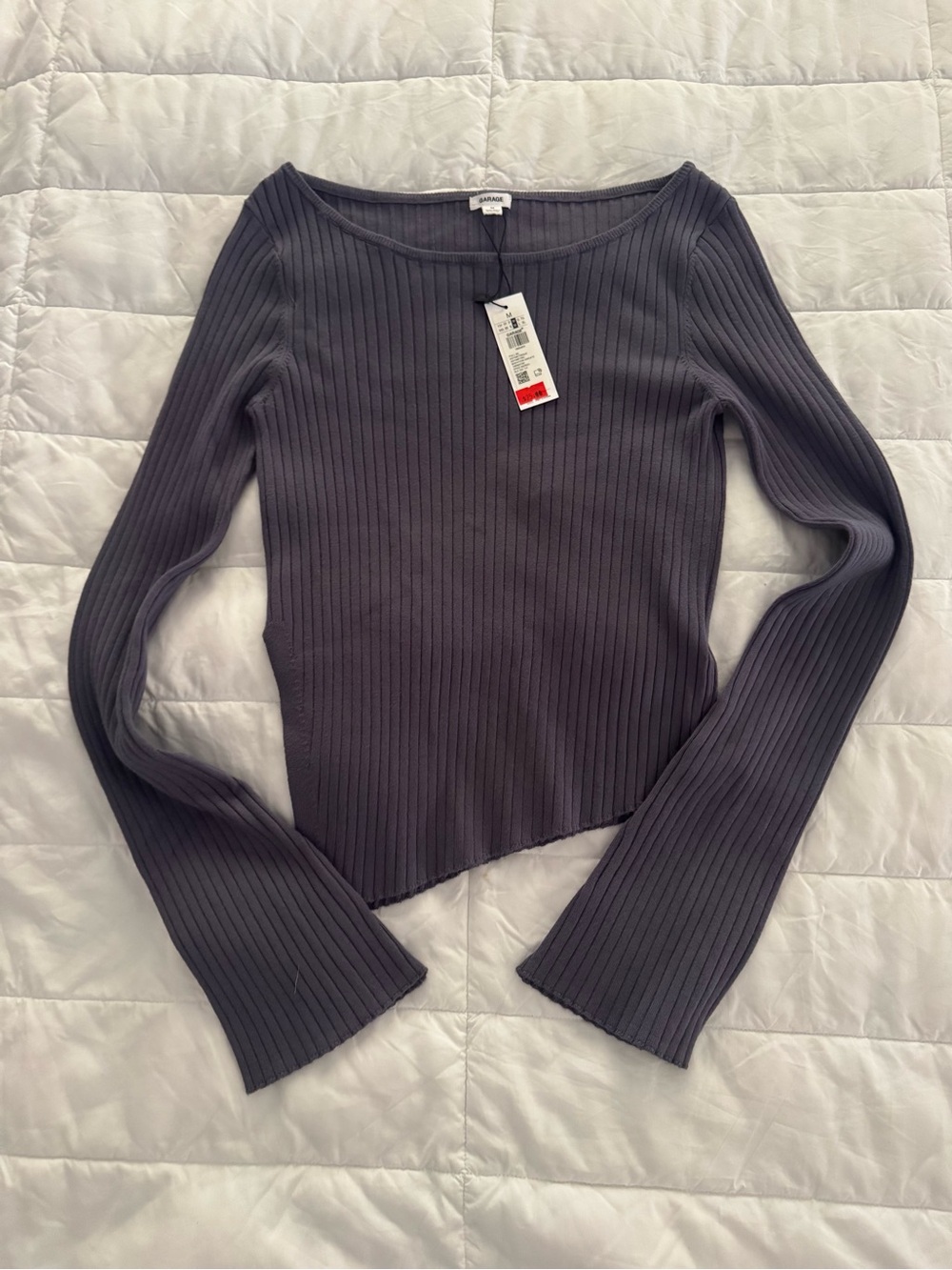 Garage Ribbed Long-Sleeve Scoop Neck Top Asymmetrical Charcoal Size Medium